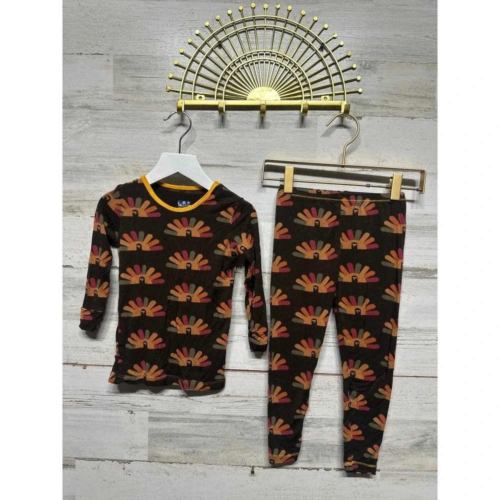 Kickee Pants Pajama Set Kids 4T‎ Brown Turkey Print Bamboo Holiday
